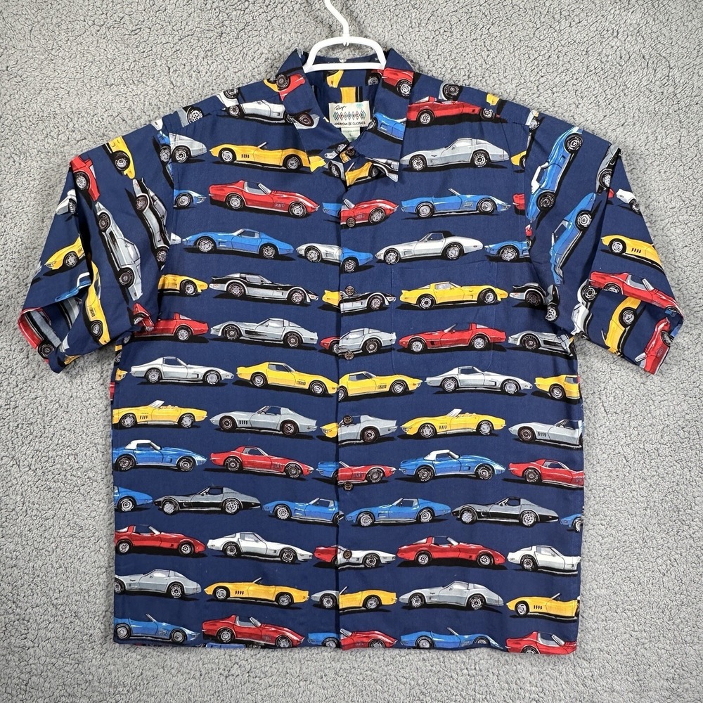 Reyn Spooner Blue Corvettes 100% Rayon American Classics Hawaiian mens L Aloha